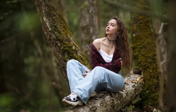 Girl, forest, blouse, trees, nature, model, jeans, brunette