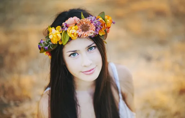 Picture look, girl, flowers, petals, piercing, wreath, looks