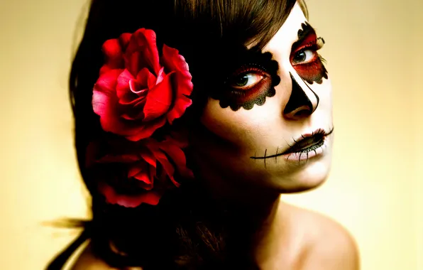 Girl, flowers, face, makeup, makeup, day of the dead, day of the dead