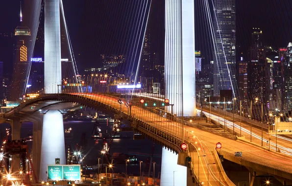 Night, bridge, lights, Hong Kong, hong kong, Stonecutter Bridge