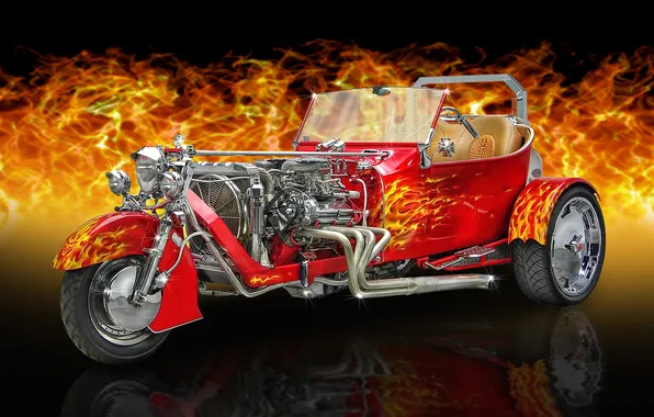 Fire, flame, Ford, T-Bucket, tricycle, trike, Trike, Viper Red