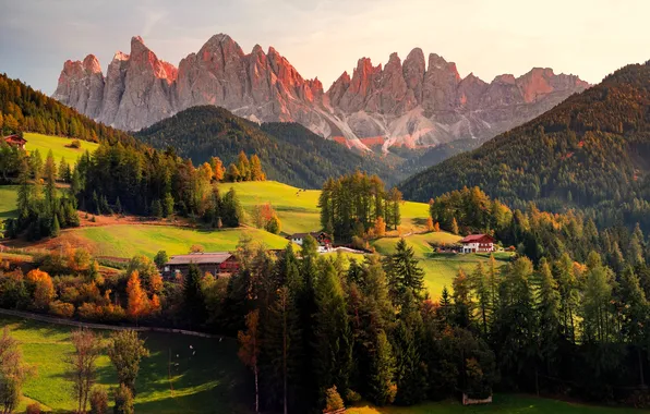 Forest, trees, mountains, home, valley, structure, The Dolomites, the village