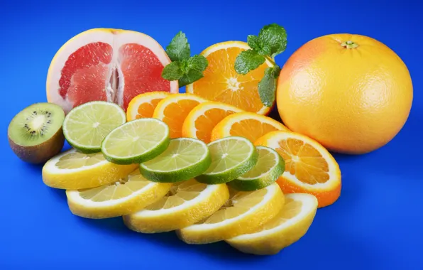 Blue, background, lemon, orange, kiwi, lime, fruit, slices