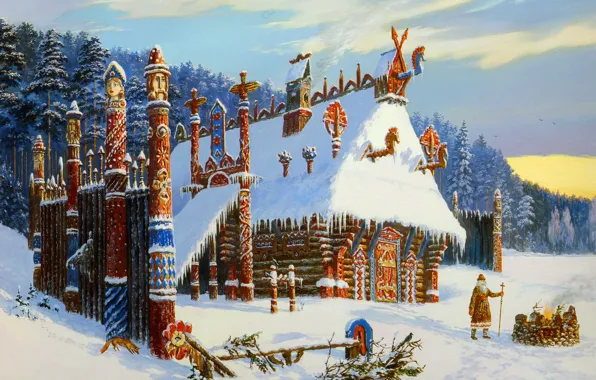 Winter, fire, smoke, temple, painting, Vsevolod Ivanov, Russian folklore, Slavic painting