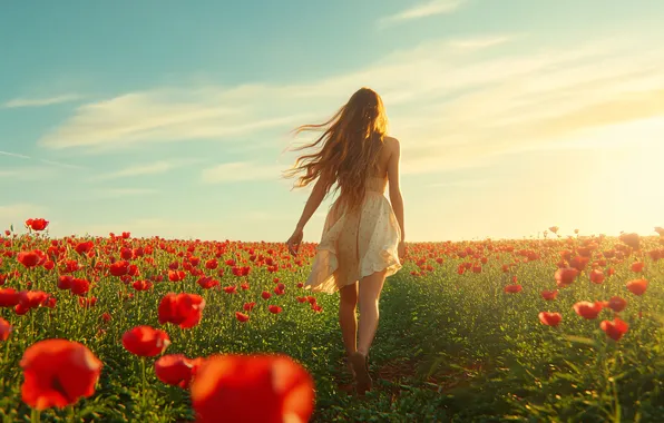 Field, summer, the sky, girl, light, flowers, nature, back