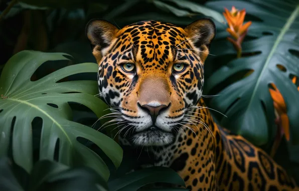 Look, face, leaves, portrait, jungle, Jaguar, monstera, AI art