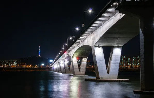 Night, bridge, lights, river, home, lights, promenade, Seoul