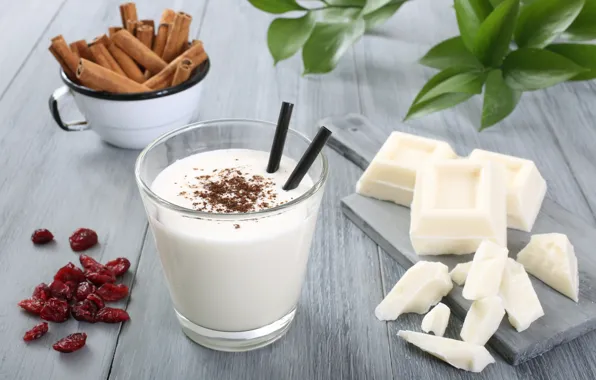 Glass, cocktail, cinnamon, dessert, white chocolate, yogurt, milk, dried cherries