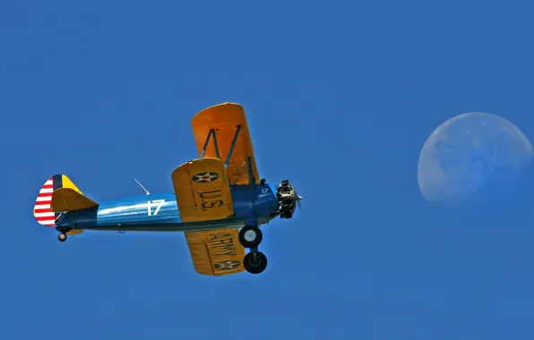 The sky, retro, the plane, the moon, biplane