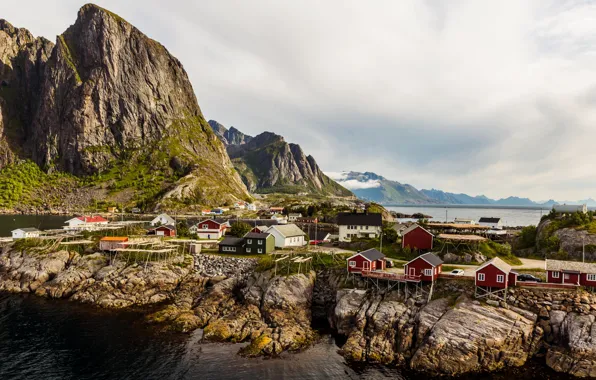 Sea, the sky, clouds, rocks, mountain, home, Norway, the village