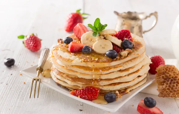 Strawberry, Berries, Banana, dessert, Blueberries, Pancakes