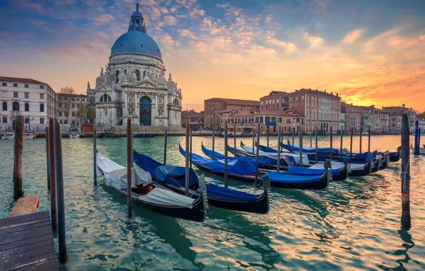 Boats, Italy, Venice, Cathedral, gondola, Santa Maria della Salute, The Grand Canal