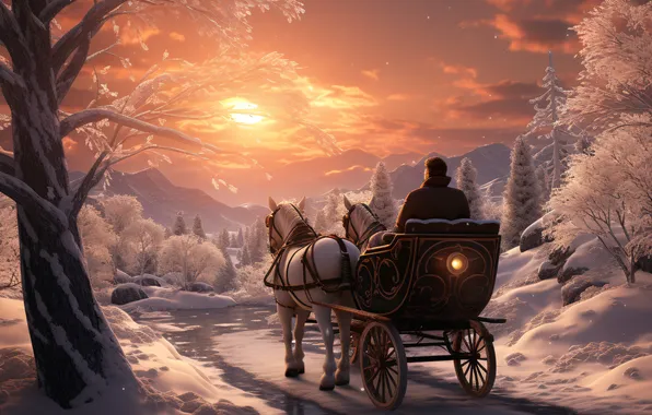 Winter, Trees, Snow, Dawn, Wagon, Horse, Male, Digital art