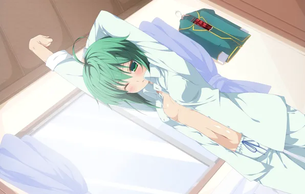 Room, morning, window, blush, pajamas, green hair, school uniform, art