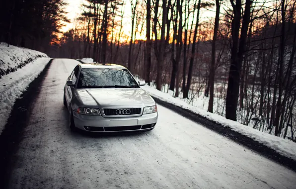 Forest, snow, sunset, Audi, Audi, stance, Doroga