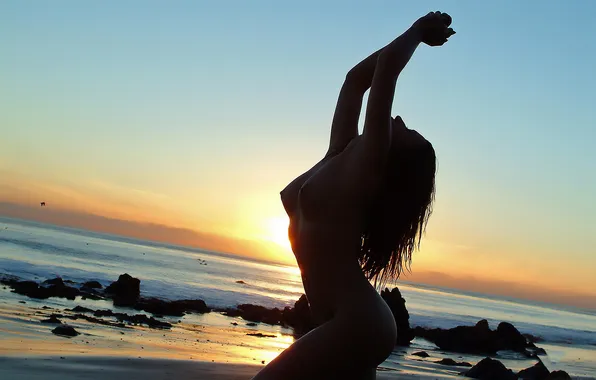BODY, GIRL, SEA, SUNSET, COAST, SHORE, DAWN, SILHOUETTE
