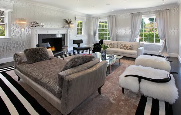 Photo, sofa, interior, fur, fireplace, living room