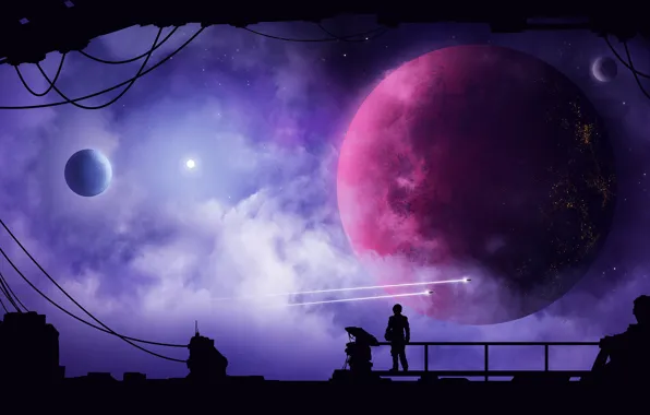 Stars, Planet, Space, Nebula, Silhouette, Art, Fiction, Illustration