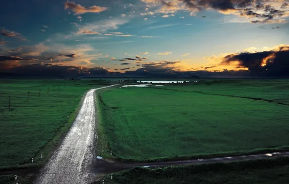 Picture the sky, grass, clouds, field, road, Clouds, Sky, Grass