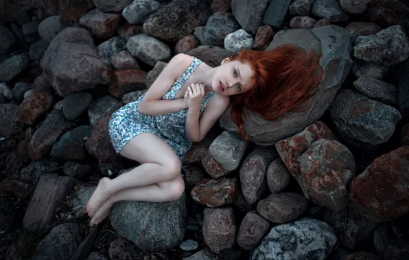 Cold, girl, stones, freckles, legs, the beauty, redhead, George Chernyadev