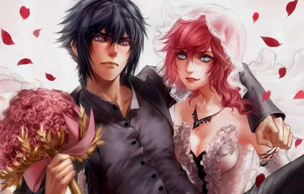 Girl, flowers, bouquet, art, pair, guy, the bride, Final fantasy