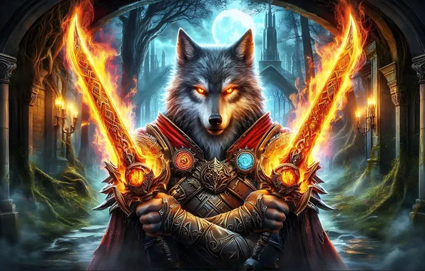 Flame, magic, wolf, fantasy, swords