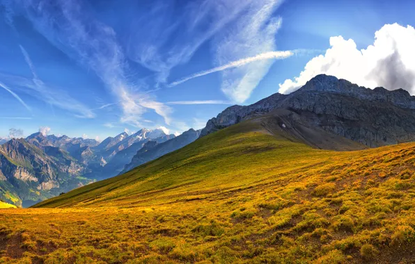 Picture autumn, grass, clouds, mountains, blue