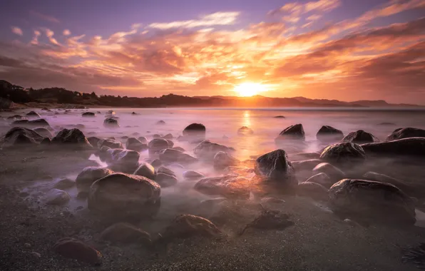 Picture sea, beach, the sun, clouds, light, sunset, pebbles, stones