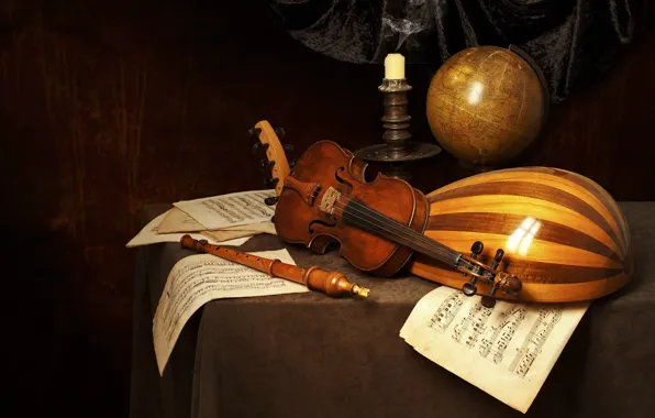 Notes, violin, candle, still life, flute, globe, mandolin