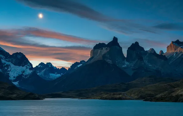 The sky, clouds, mountains, night, nature, the moon, tops, the evening