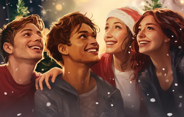 Girls, Smile, Christmas, New year, Joy, Digital art, Guys, Four