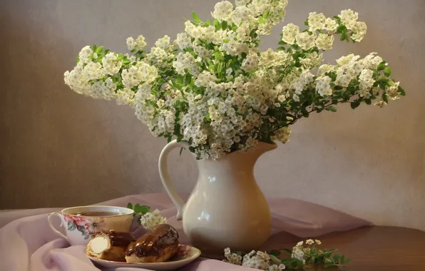 Wallpaper tea, eclairs, Spiraea for mobile and desktop, section еда ...