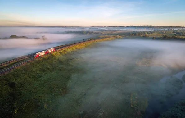 Summer, fog, river, train, railroad, summer, Russia, river