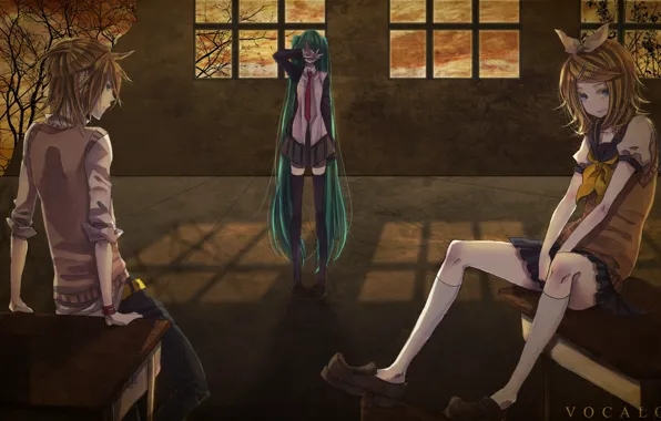Girl, Windows, guy, Vocaloid, Vocaloid, three, Hatsune Miku, Kagamine Len