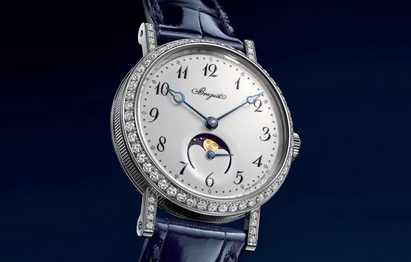 Time, style, watch, rhinestones, dial, blue background, watches, ladies watch Breguet