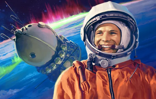 Space, USSR, men, digital art, Vostok, Yuri Gagarin