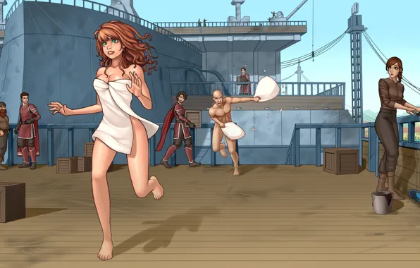 Picture girl, naked, ship, towel, pillow, art, team, Malika