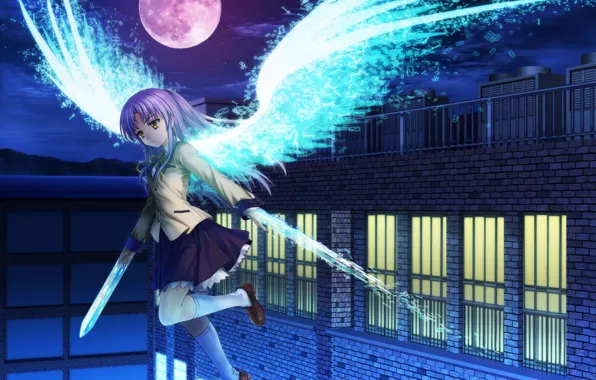 Girl, night, weapons, the moon, home, wings, anime, art
