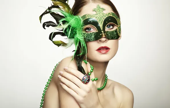 Picture look, girl, background, hair, hand, feathers, ring, beads