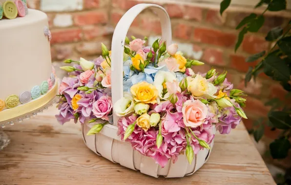 Flowers, roses, basket, hydrangea