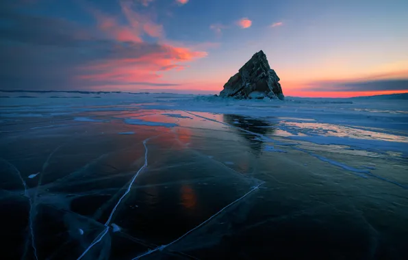 Sunset, reflection, ice, Baikal, island Elenka