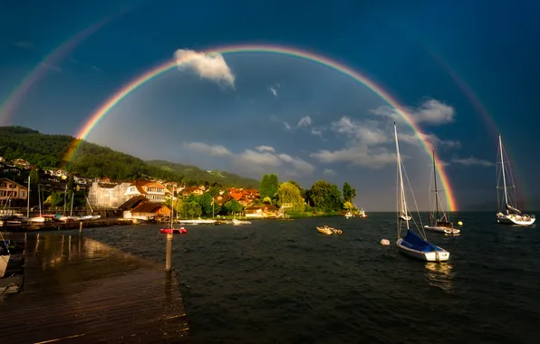 Shore, rainbow, pond