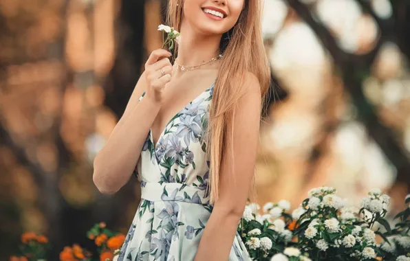 Picture girl, flowers, nature, smile, dress, Rus