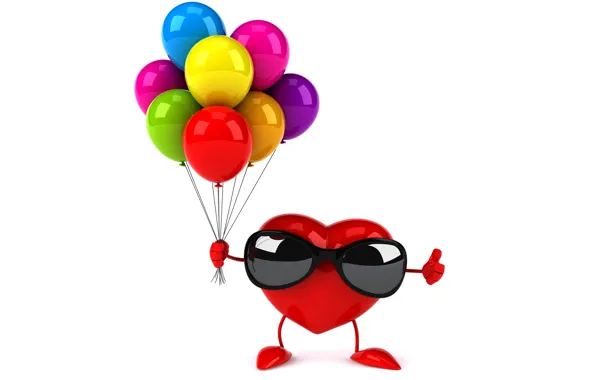 Balloons, heart, colorful, glasses, red, heart, funny, rendering