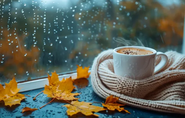 Autumn, glass, drops, light, nature, comfort, rain, coffee