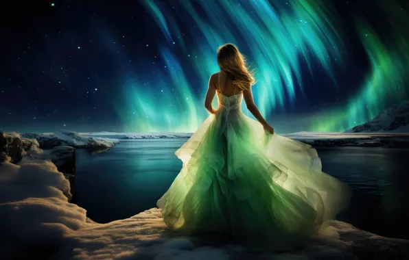 Winter, the sky, girl, stars, snow, night, darkness, stones