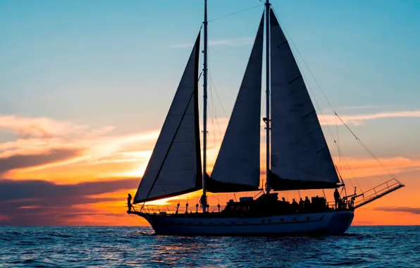 Sea, sunset, people, ship, sailboat, the evening, sails, walk