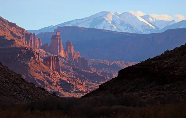 Picture the sky, snow, trees, mountains, rocks