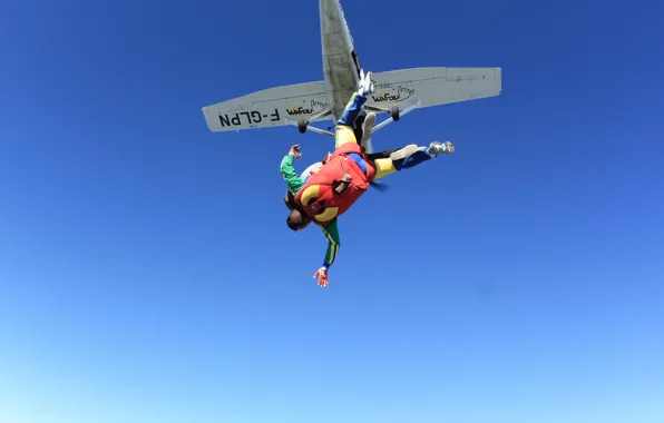 Picture the sky, the plane, parachute, container, skydivers, tandem, extreme sports, parachuting