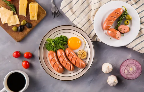 Egg, sausage, coffee, cheese, bow, tomato, olives, parsley